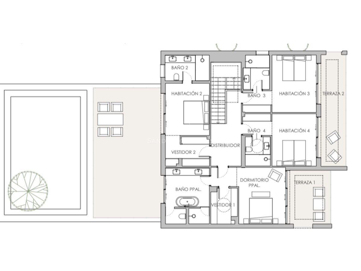Detaillierter Grundriss mit 4 Schlafzimmern, Master-Suite mit Ankleide, Badezimmern, Terrasse und Poolbereich.