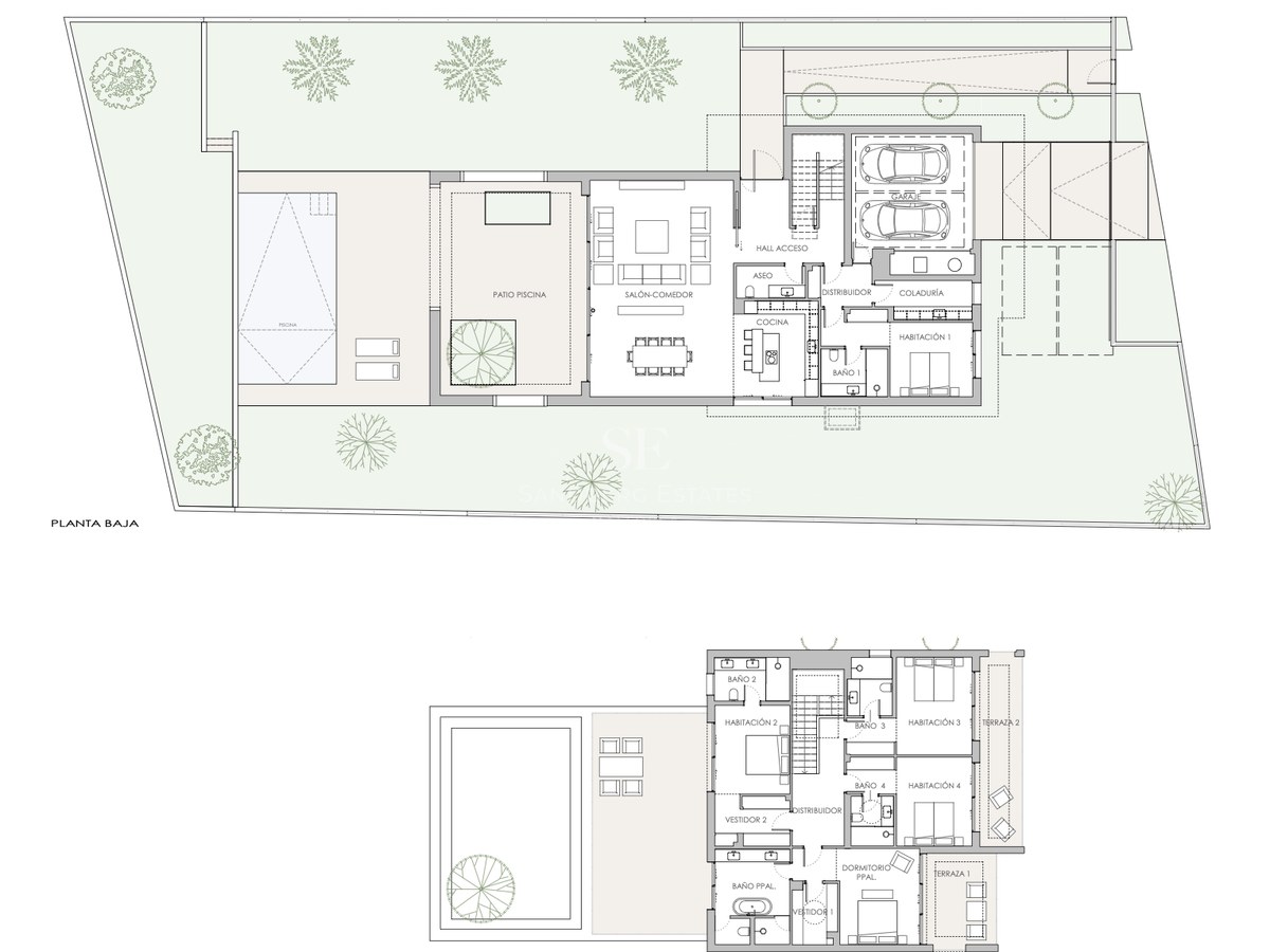 Detaillierter architektonischer Grundriss, der die Aufteilung von zwei Ebenen einer Luxusvilla mit Pool zeigt.