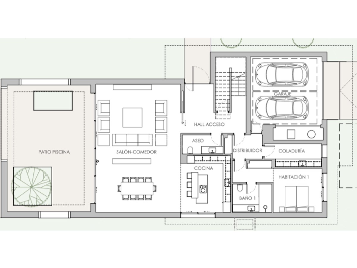 Architektonischer Grundriss mit Darstellung von Wohnzimmer, Küche, Schlafzimmer mit Bad und Doppelgarage.