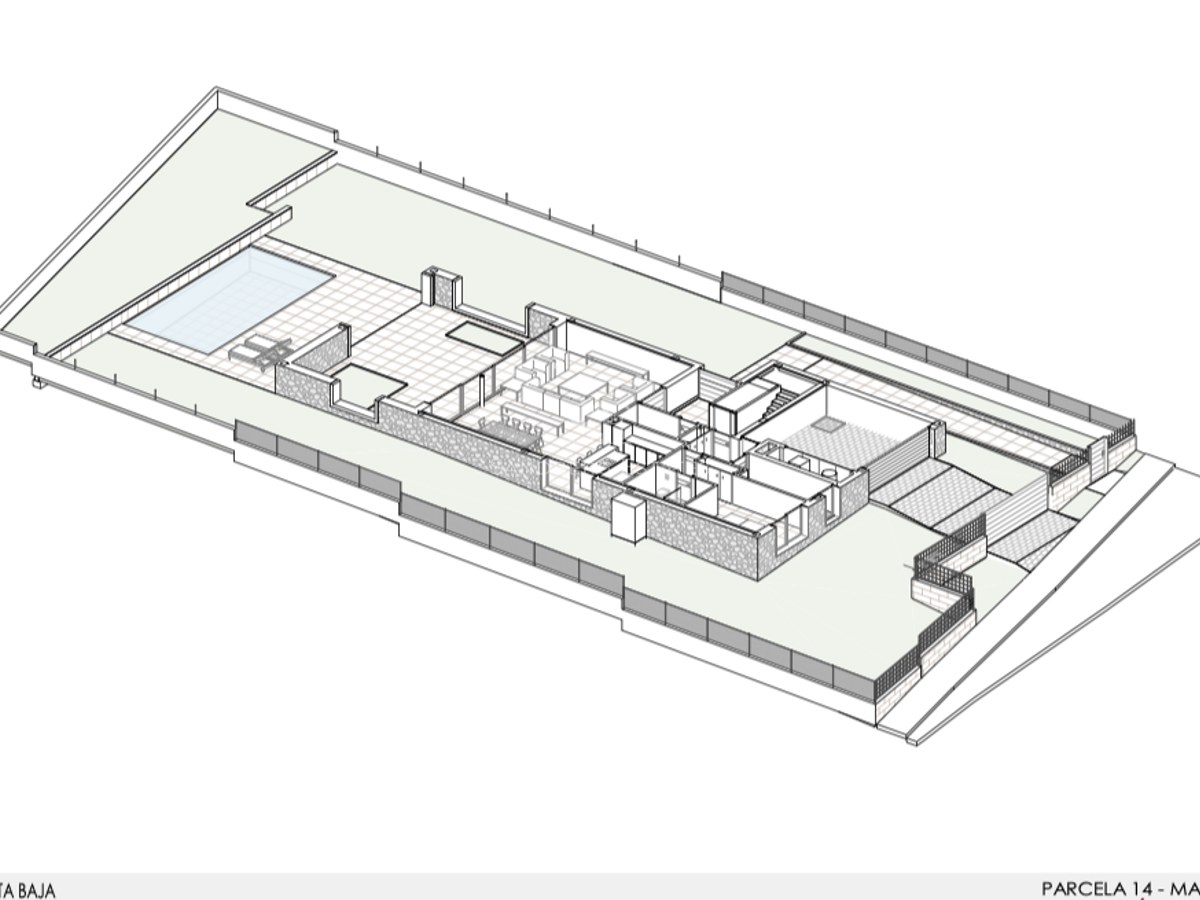 Isometrischer 3D-Grundriss einer modernen Wohnung mit großer Terrasse und privatem Swimmingpool.
