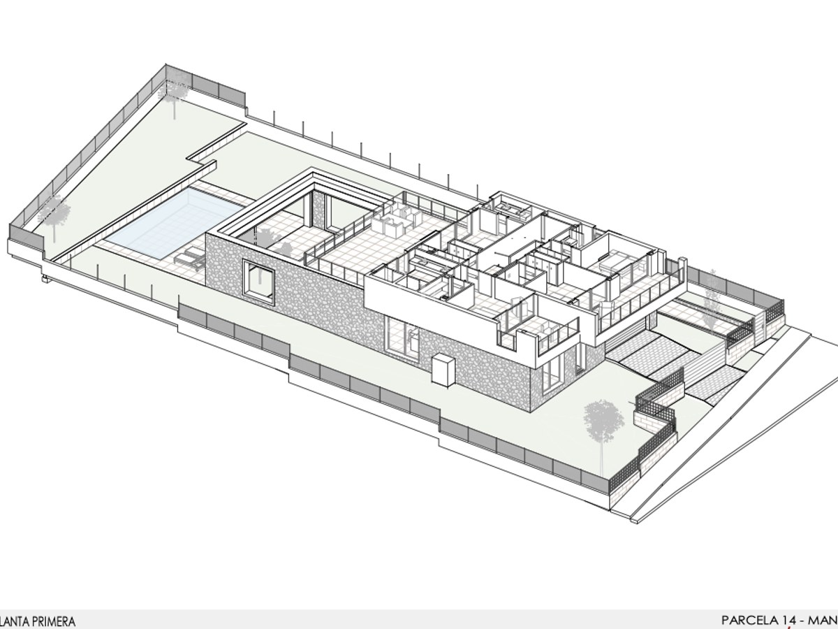 Isometrischer 3D-Grundriss einer modernen eingeschossigen Villa mit Pool, großer Terrasse und vier Schlafzimmern.