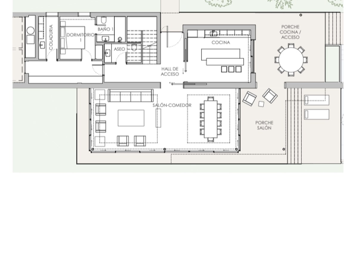 Plan architectural du rez-de-chaussée montrant le séjour, la cuisine, une chambre et de grandes terrasses.