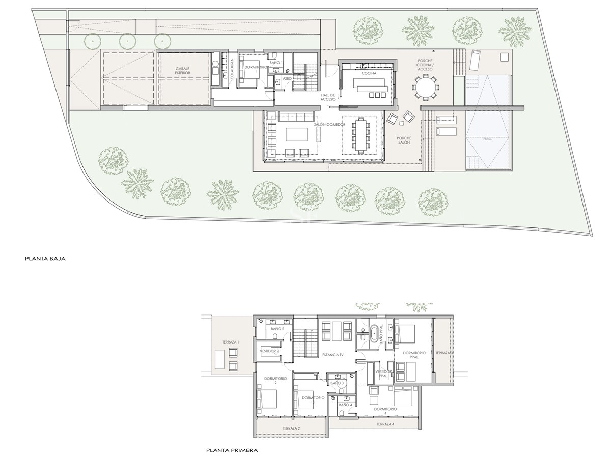 Plan architectural montrant une villa de luxe sur deux niveaux avec piscine, jardin, garage et espaces de vie ouverts.