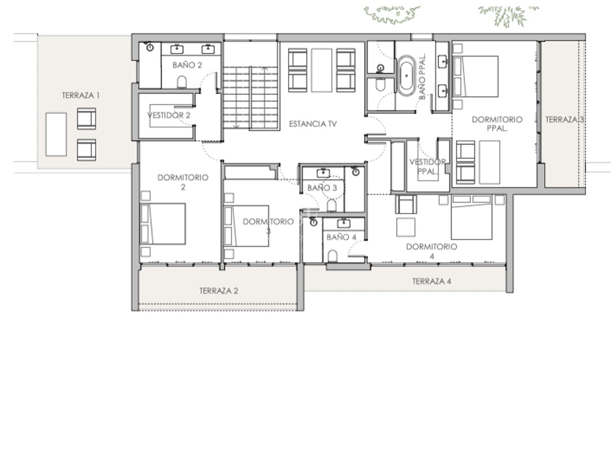 Plan d'architecte du premier étage comprenant quatre chambres, salles de bains attenantes, salon TV et terrasses.
