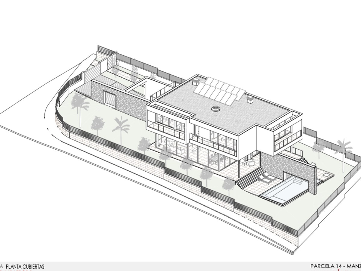 Dessin isométrique 3D d'une villa contemporaine avec piscine, panneaux solaires et jardins paysagers.