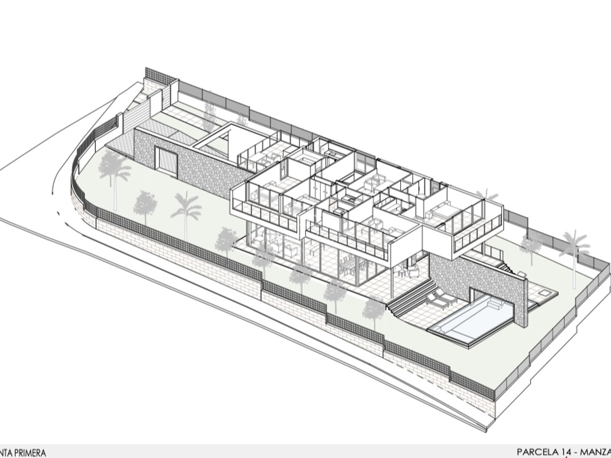 Dessin axonométrique 3D d'une villa moderne de deux étages avec piscine, terrasses et aménagement intérieur.