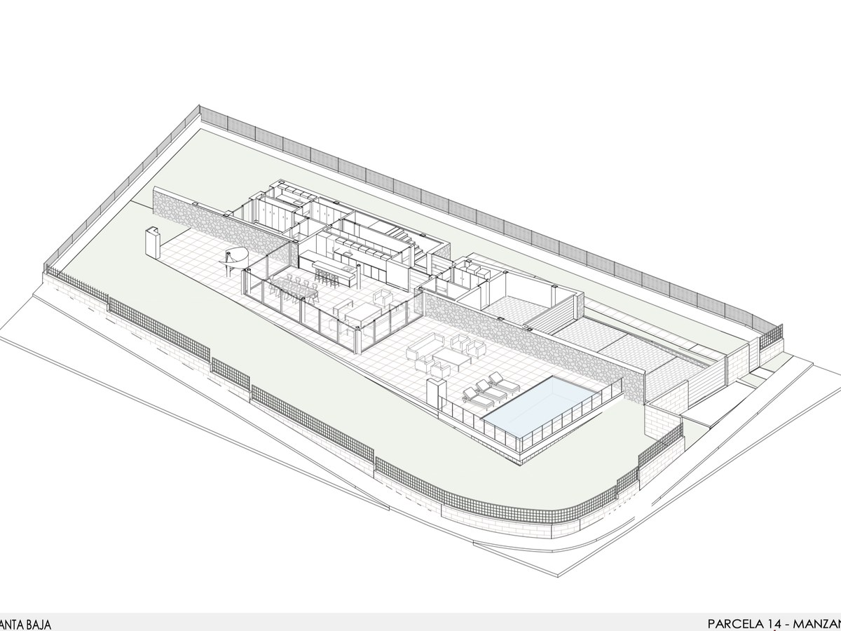 Detaljerad isometrisk 3D-arkitektritning som visar planlösningen för bottenvåningen i en modern villa med pool.
