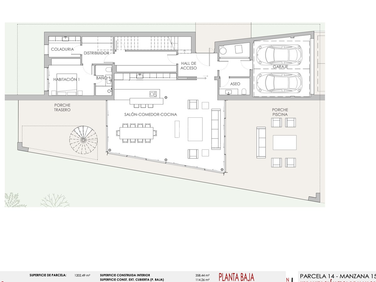 Teknisk planritning över bottenvåningen med öppen planlösning, dubbelgarage och stora terrassytor.