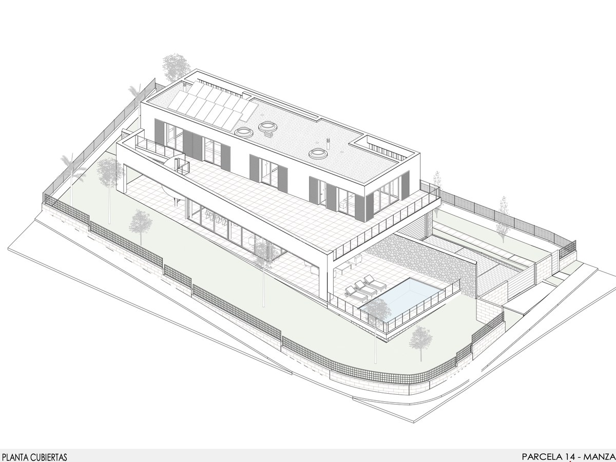 Axonometrisk 3D-ritning av en modern villa som visar takplan, privat pool, terrass och solpaneler.