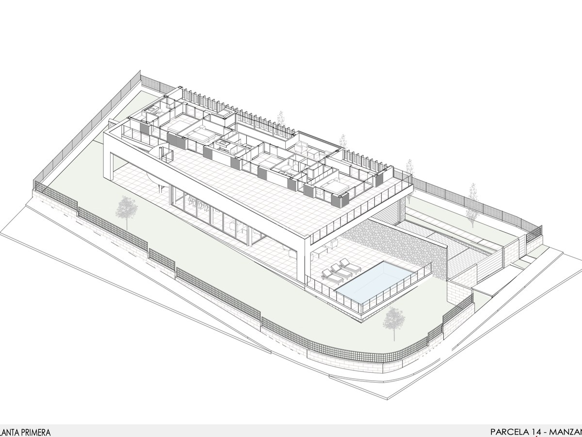 3D isometrisk planritning som visar en modern villas första våning, sovrum och poolterrass.