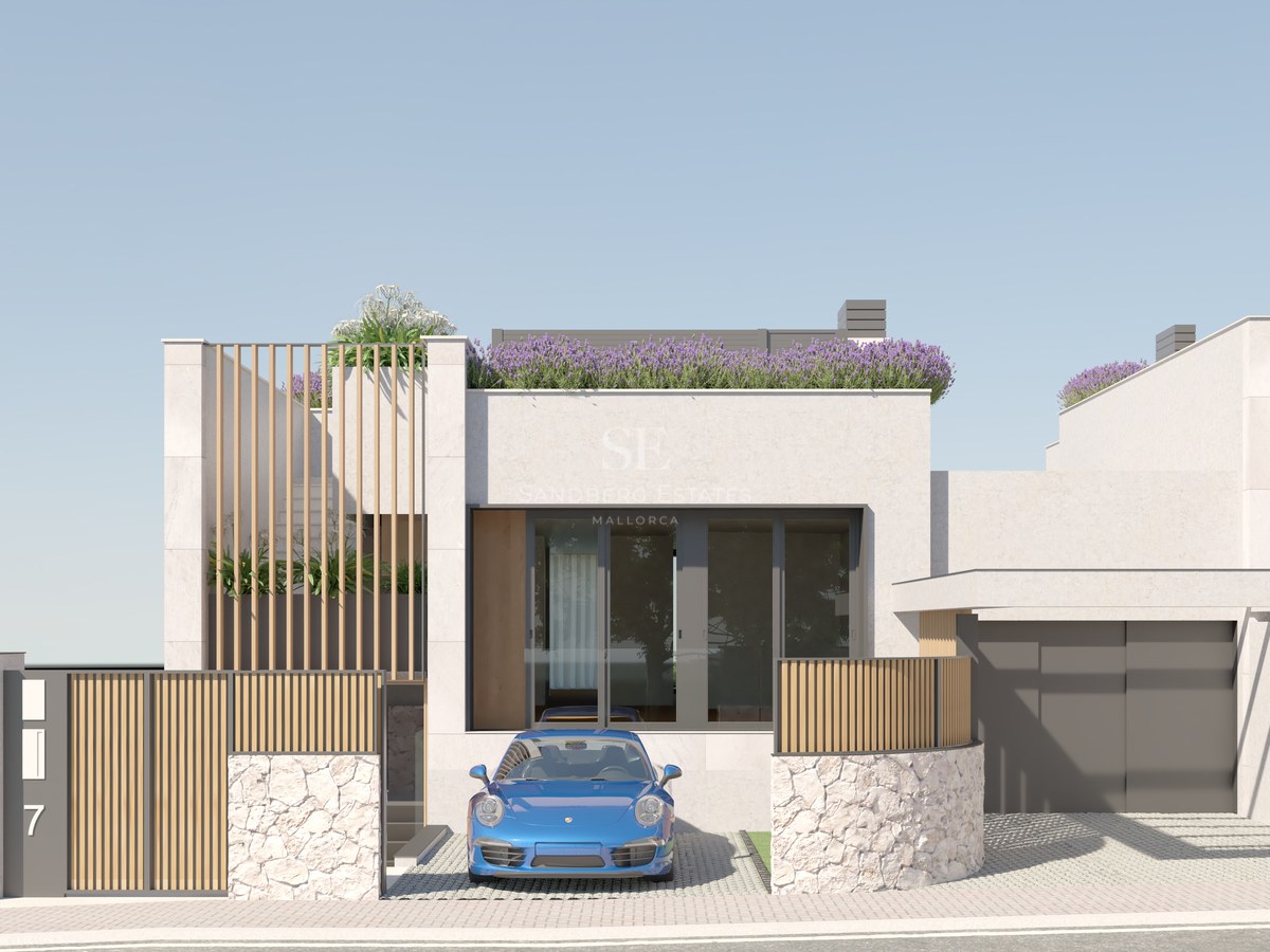 Façade contemporaine de villa blanche avec murs en pierre naturelle, lattes de bois verticales et toit végétalisé.