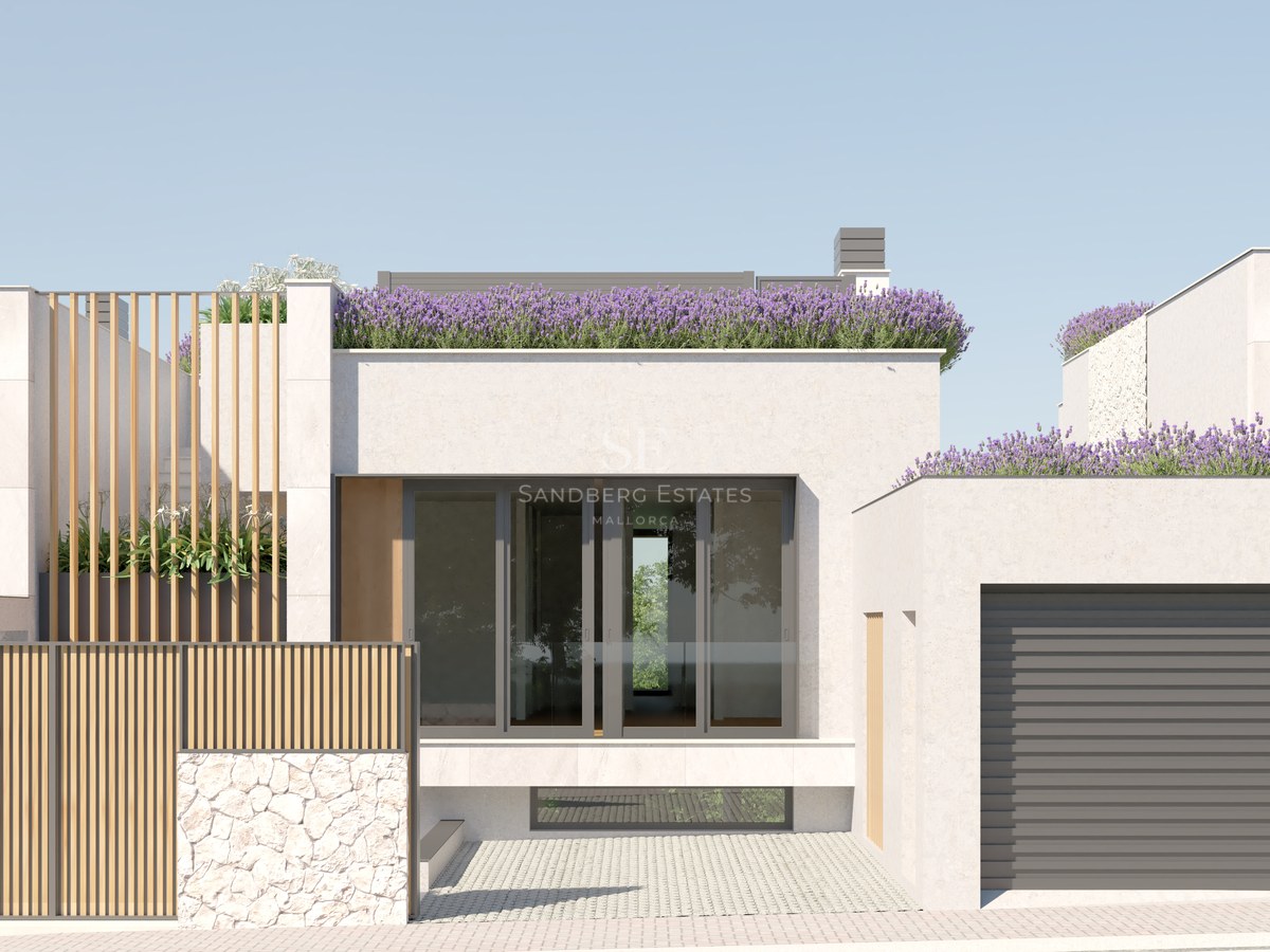 Façade de villa contemporaine blanche avec murs en pierre, accents en bois et jardinières de lavande.