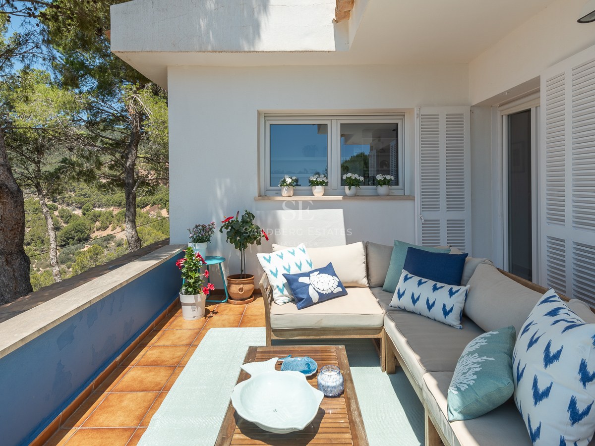 Terrasse extérieure avec un grand canapé en L, des coussins bleus et une table en bois surplombant une vallée de pins.