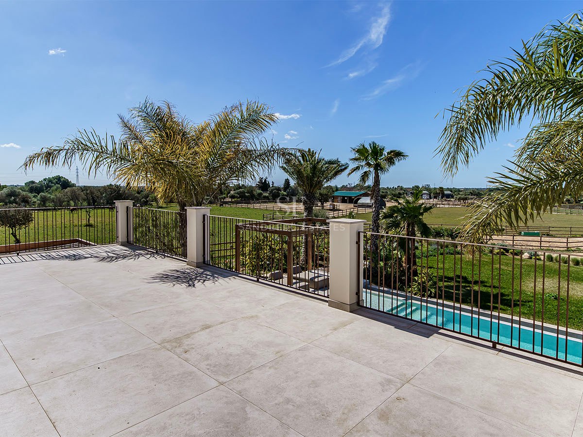Terrasse surélevée en pierre naturelle avec balustrade en fer donnant sur des palmiers, une piscine et des paddocks.