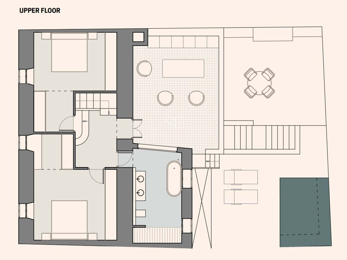Architectural floor plan of the upper level featuring two bedrooms, a primary bathroom, and an expansive terrace with a pool.