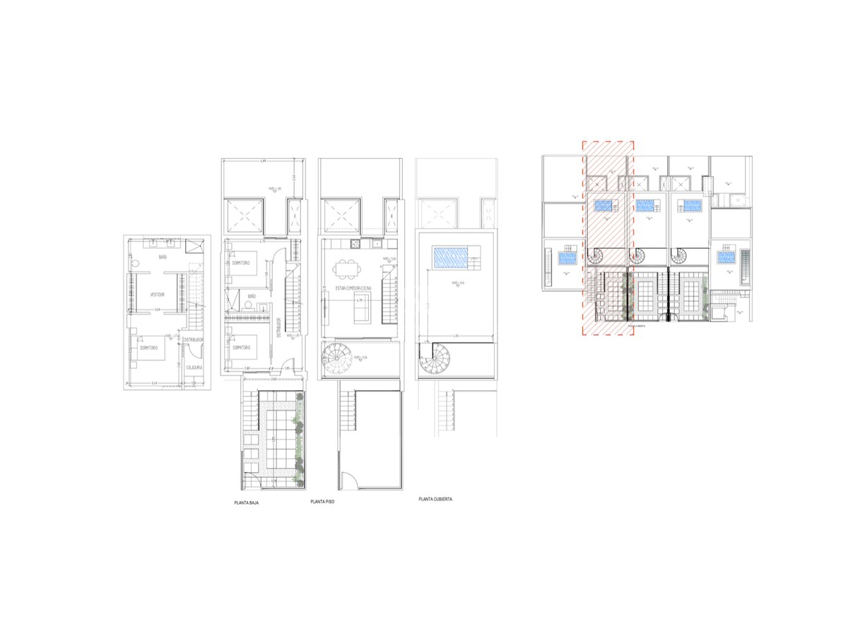 Technische Zeichnung von Erdgeschoss, Obergeschoss und Dachterrasse mit privatem Pool.
