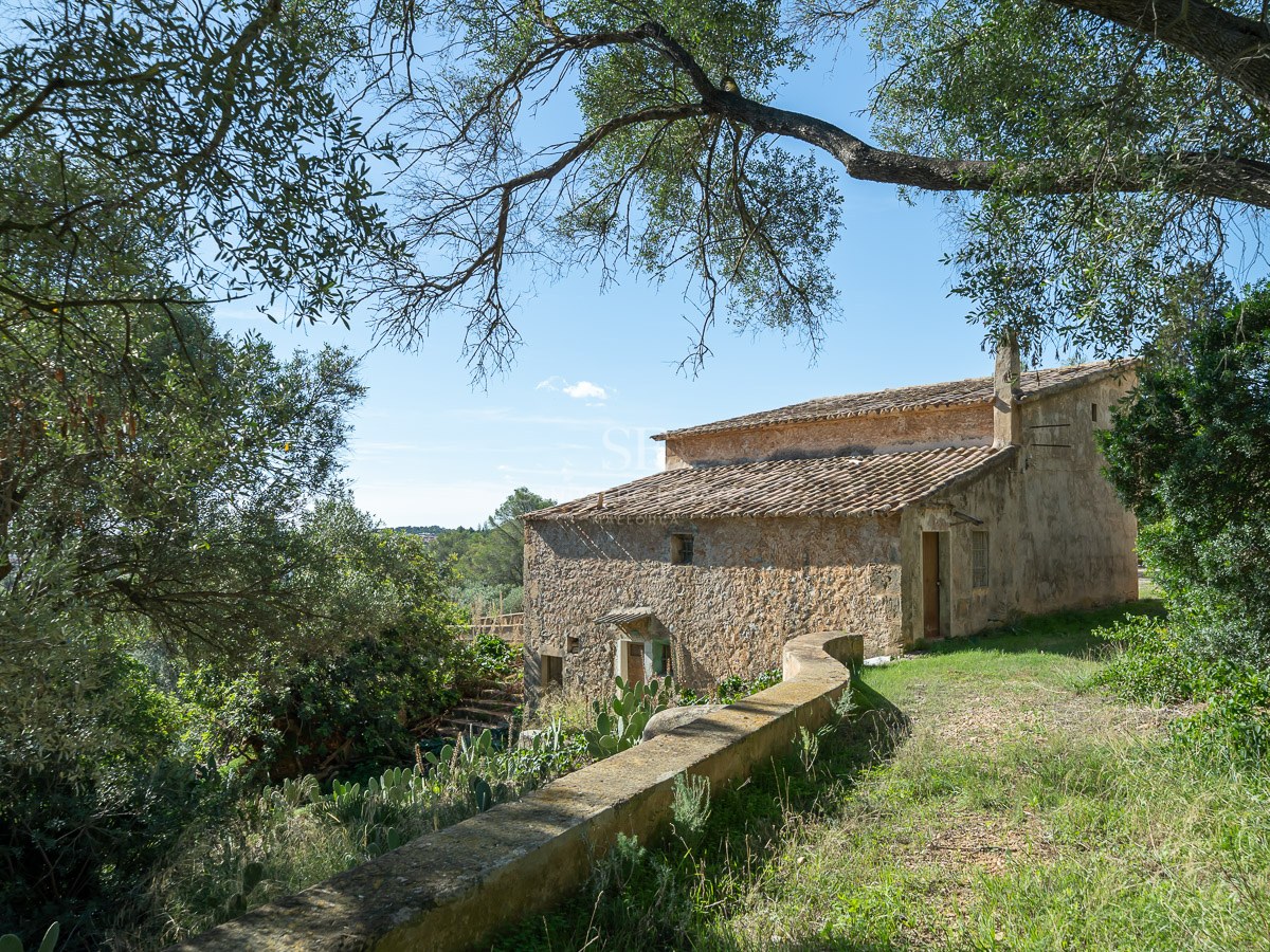 Una casa histórica de piedra de dos plantas con tejado de terracota rodeada de árboles bajo un cielo azul.