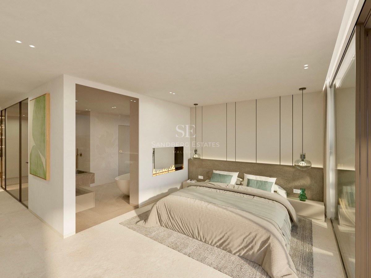 A bright contemporary master bedroom featuring a built-in fireplace, glass ensuite bathroom, and floor-to-ceiling windows.