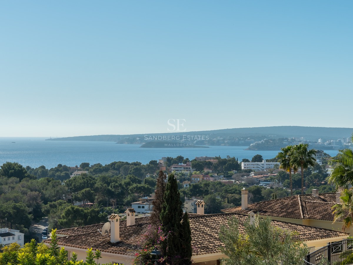 Vue panoramique sur une baie bleue, collines côtières, toits de villas en terre cuite et palmiers.