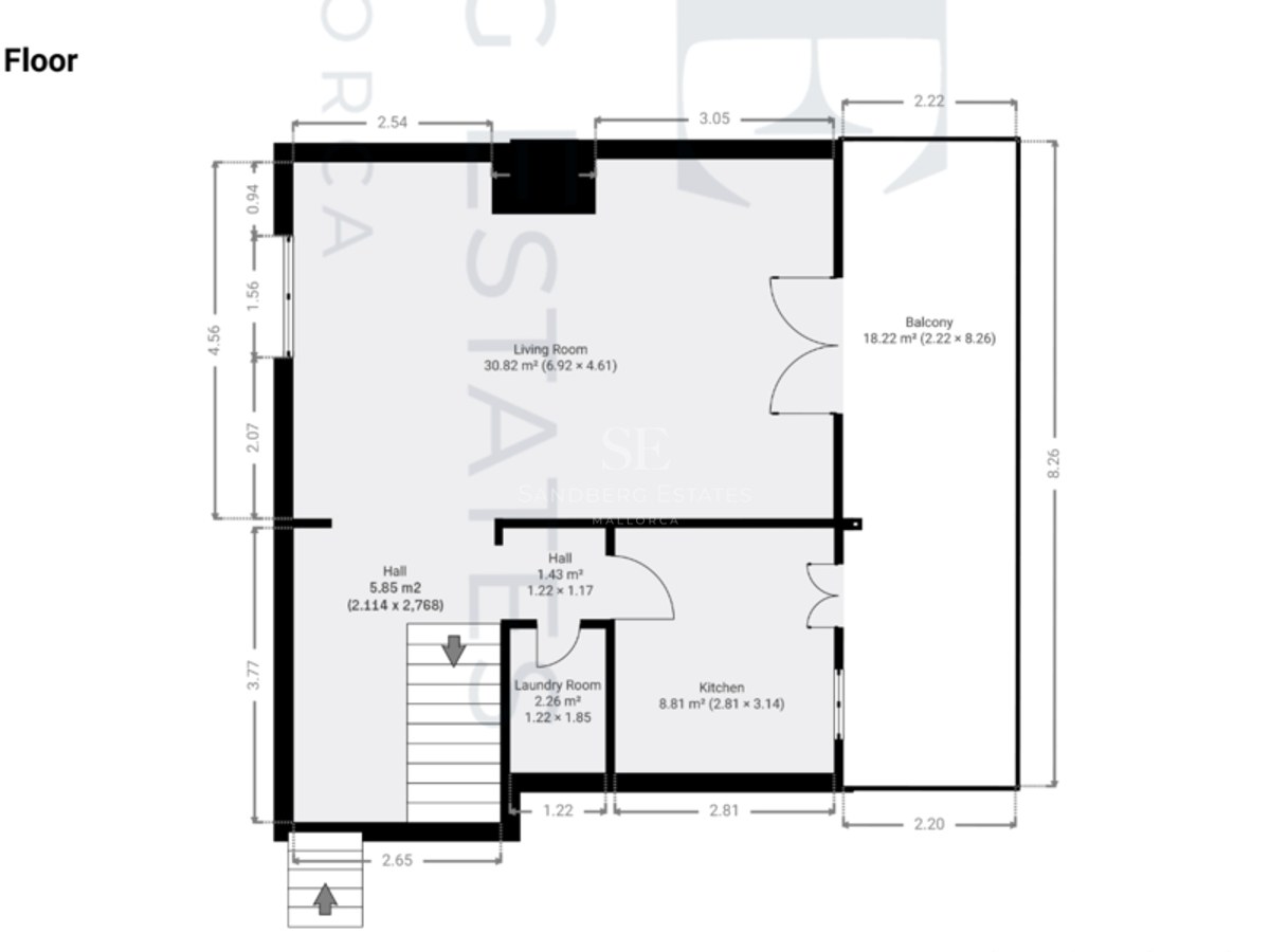 Plan d'architecte 2D montrant un séjour de 30m2, une cuisine, une buanderie et un grand balcon de 18m2.