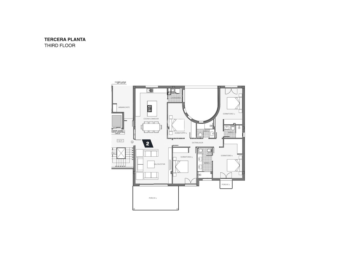 Plan technique 2D du troisième étage montrant 4 chambres, un salon ouvert et de grandes terrasses.