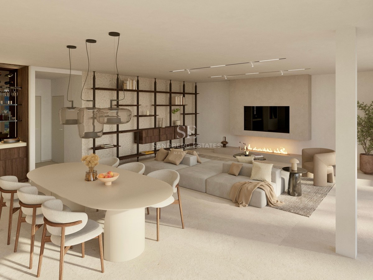 Modern open-plan living room with large dining table, modular sofa, minimalist fireplace, and designer lighting.