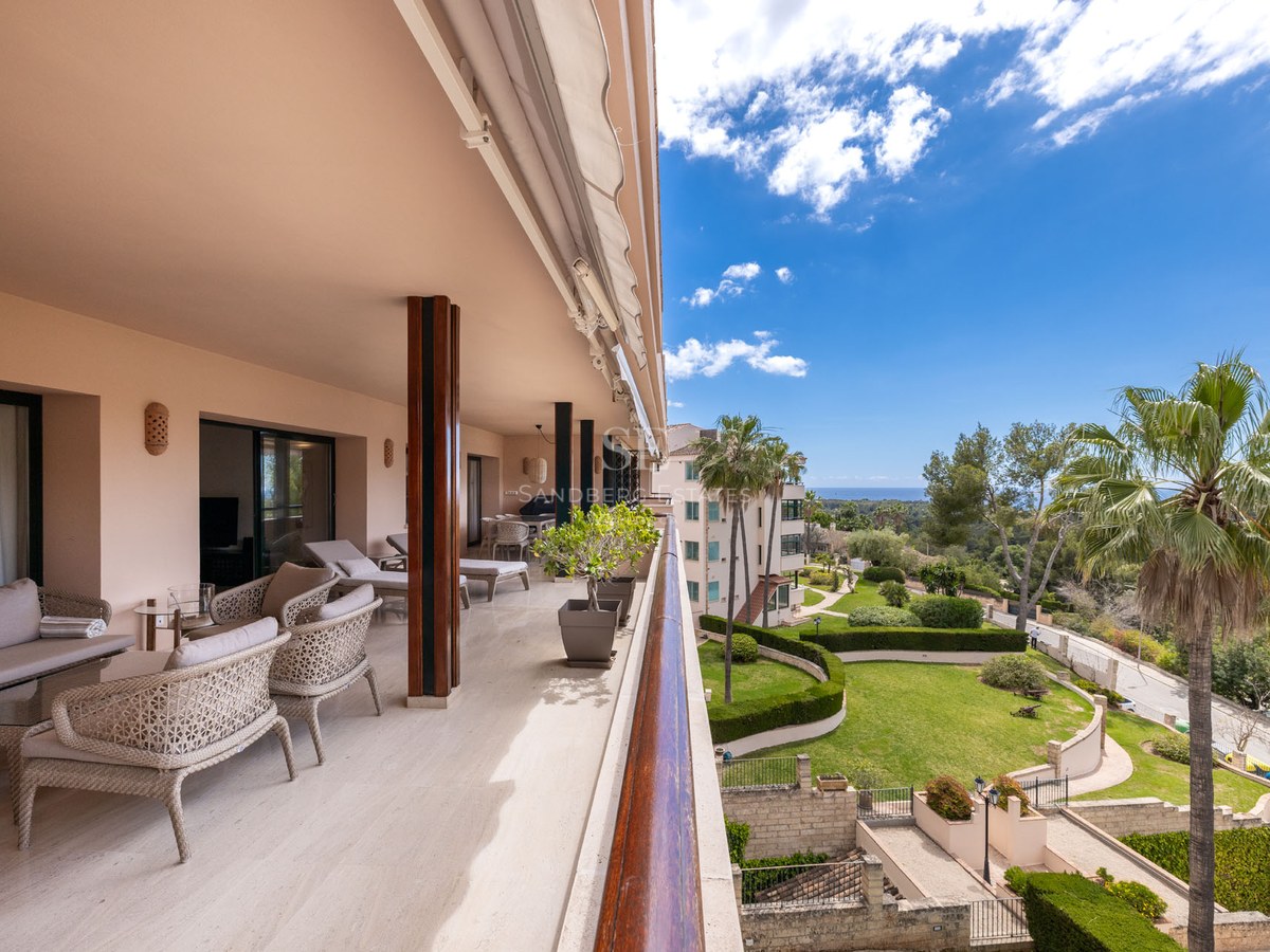 Grande terrasse couverte avec mobilier en osier surplombant un jardin avec palmiers et la mer sous un ciel bleu.
