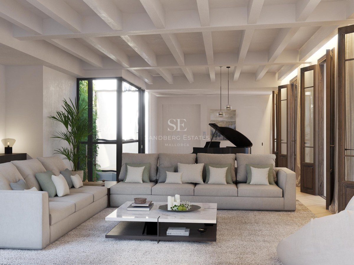 Vue extérieure d'une villa moderne avec piscine, grand jardin et architecture minimaliste. Éclairage d'ambiance chaleureux.