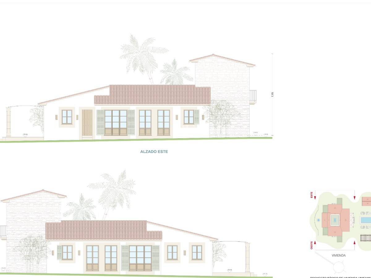 Architectural drawing showing East and West elevations of a Mediterranean villa and a site layout plan.