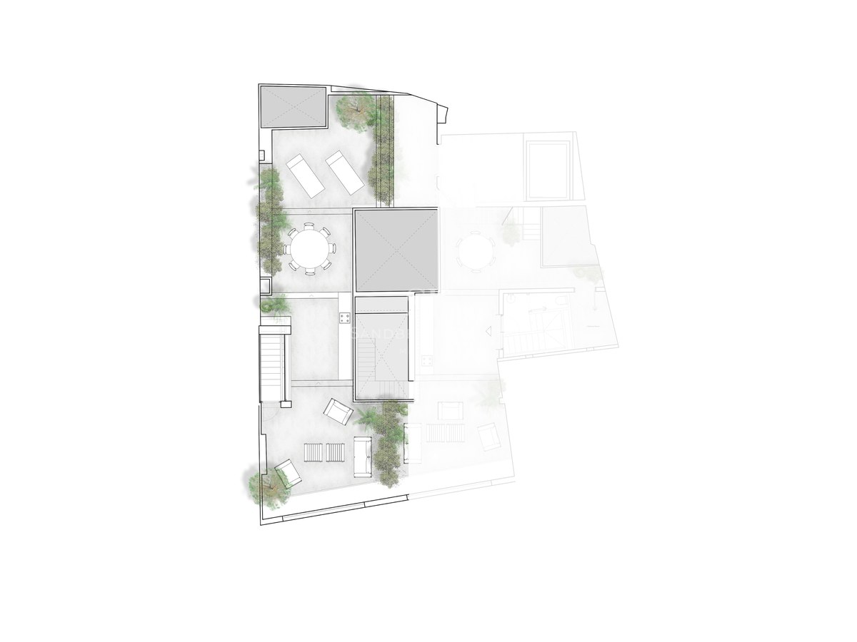 Architectural top-down floor plan of a multi-level terrace with dining area, sunbeds, and landscaping.