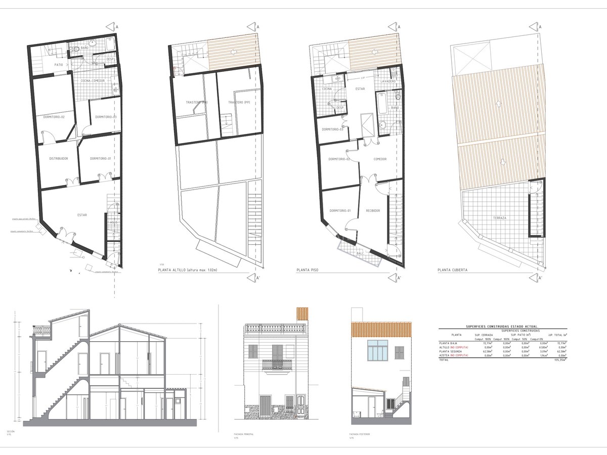 Detailed architectural drawings of a Mediterranean home showing four levels, cross-sections, and facade elevations.