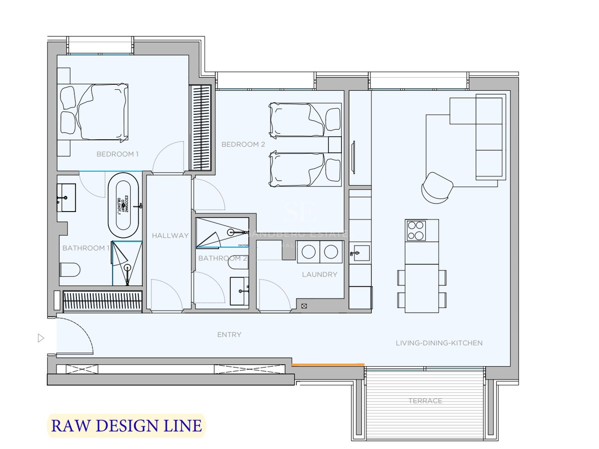 Plan d'architecte 2D montrant un appartement de deux chambres avec espace de vie ouvert, terrasse et deux salles de bains.