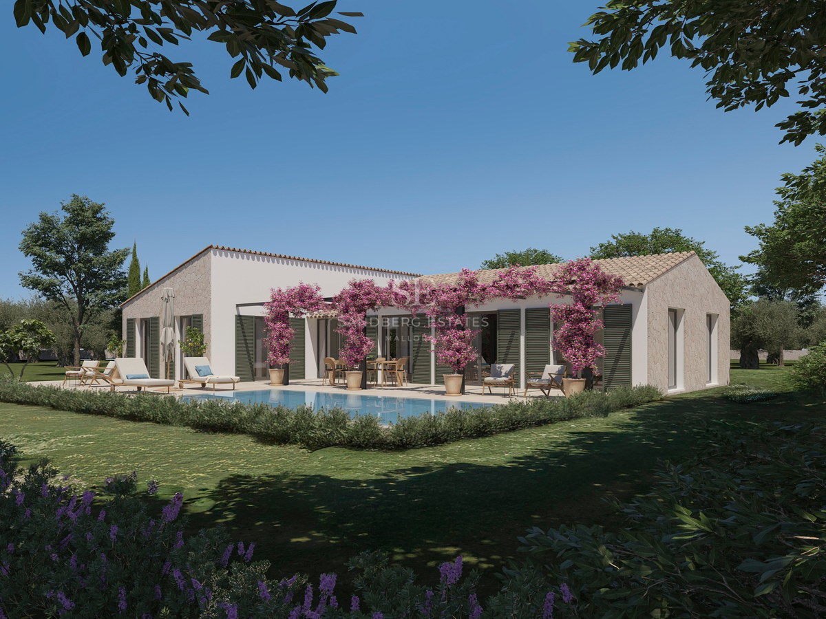Moderne Villa mit türkisfarbenem Pool, üppigem Garten und rosa Bougainvillea an einer Pergola.