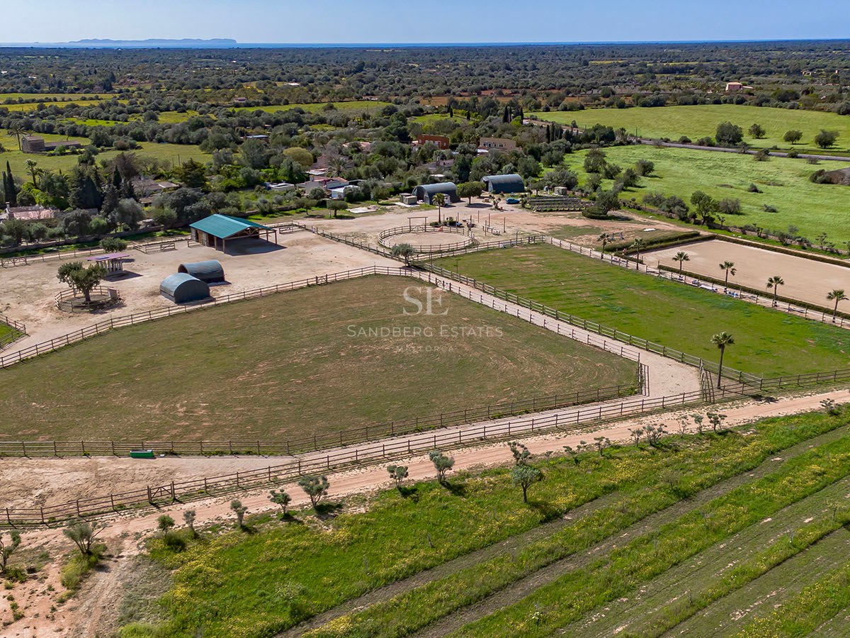 Vue aérienne de paddocks clôturés, d'écuries et de champs verts avec la mer Méditerranée à l'horizon.