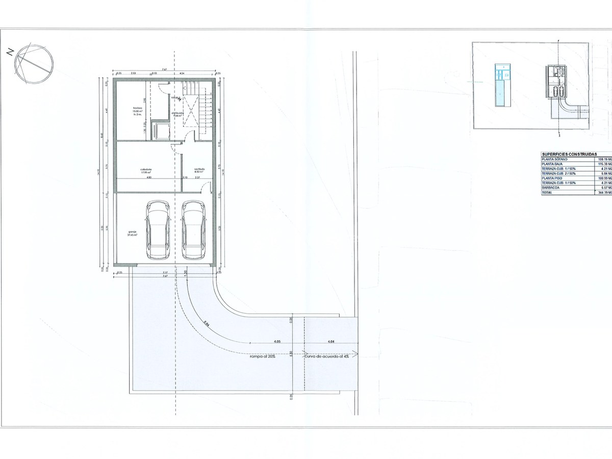 Plan d'architecte du sous-sol comprenant un garage pour deux voitures, une buanderie et un cellier.