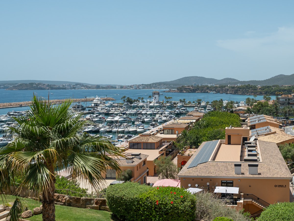 Vue en hauteur d'une marina méditerranéenne remplie de yachts de luxe, surplombant la mer et la côte.