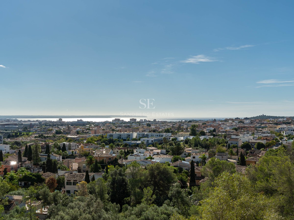 Vista panorámica desde las alturas de una ciudad mediterránea con árboles verdes y el mar en el horizonte.