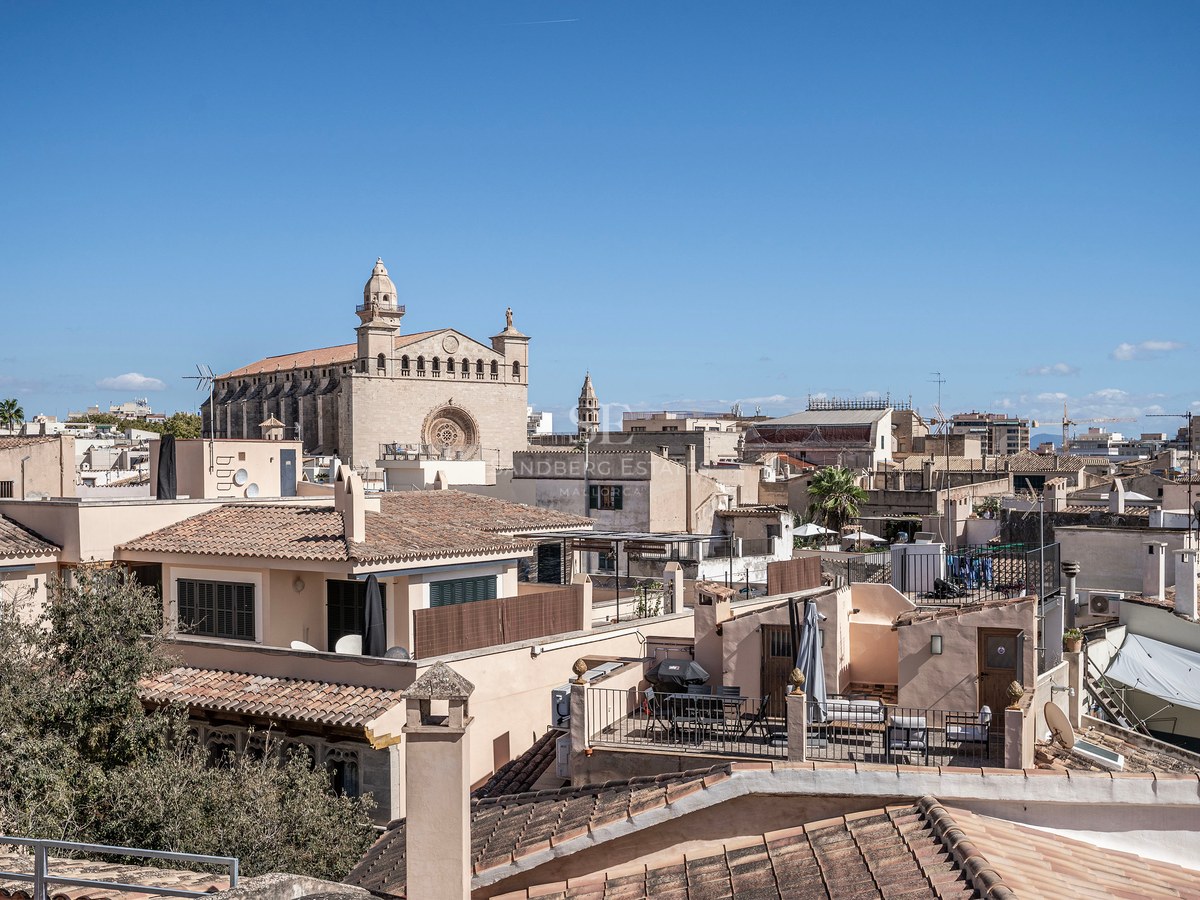 Elevated view of traditional terracotta rooftops and a majestic stone cathedral under a clear blue sky.