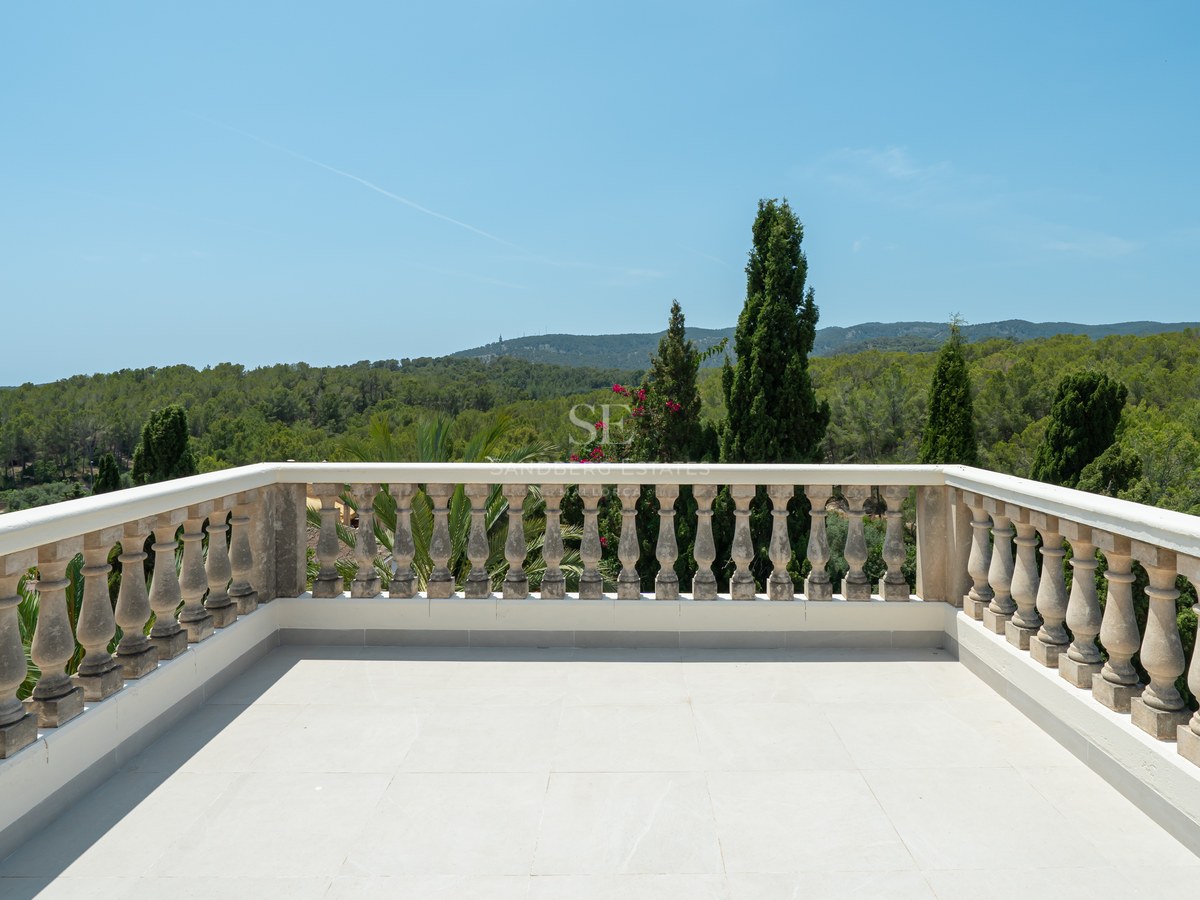 Spacious outdoor terrace with a classical stone balustrade overlooking a dense pine forest and hills under a clear blue sky.
