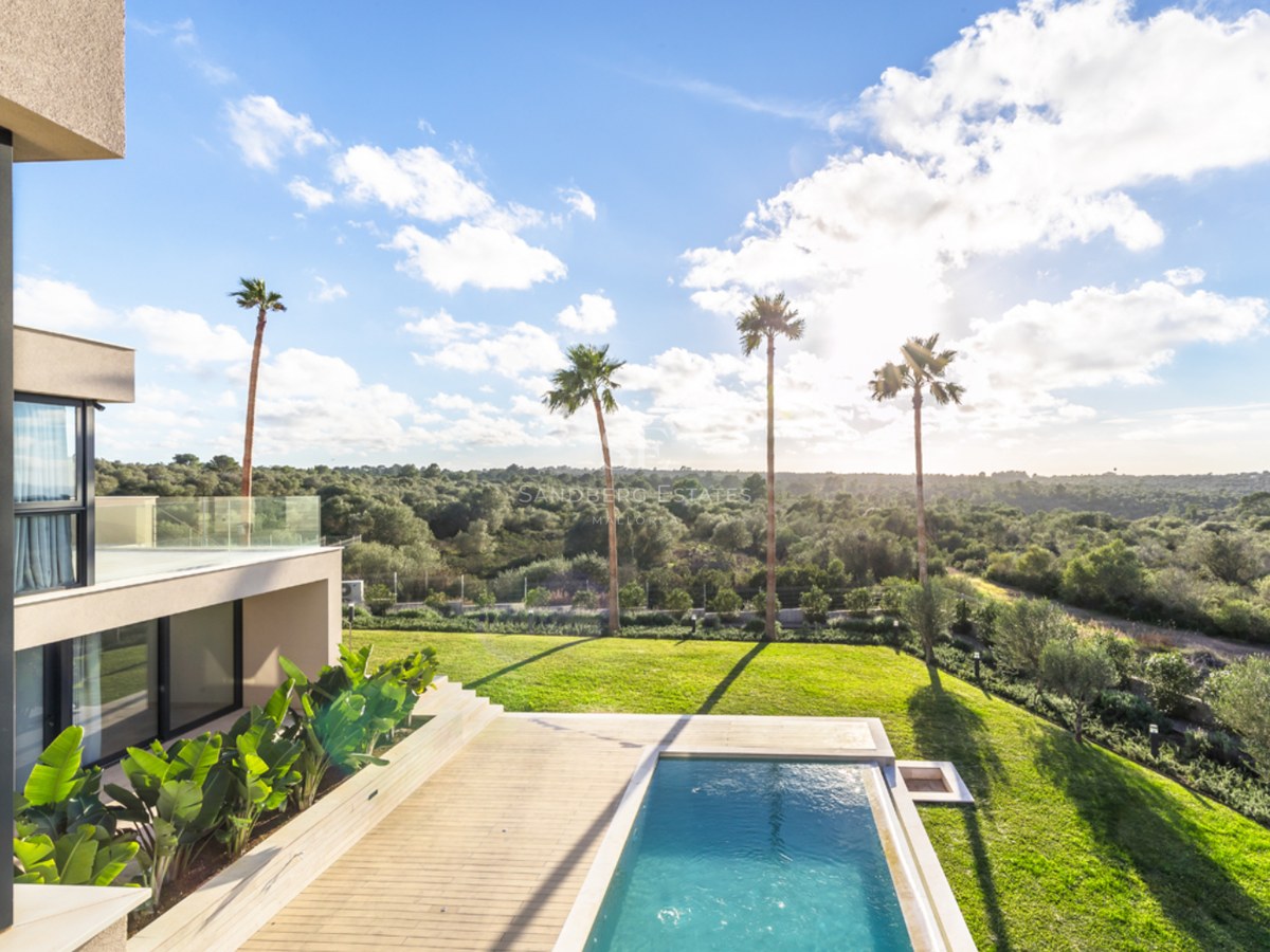 Modern villa med en blå pool, trädäck, palmer och utsikt över ett vidsträckt grönt landskap i solljus.