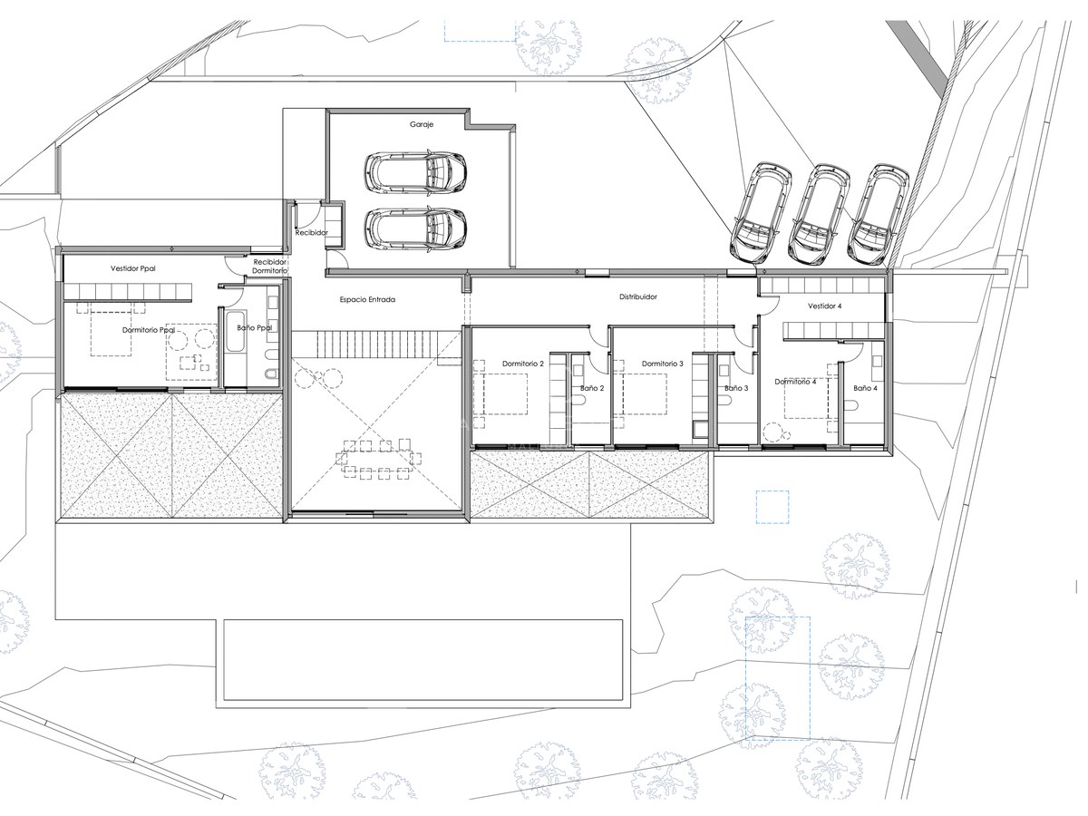 Plan technique montrant l'aménagement d'une villa de 4 chambres, salles de bains attenantes, garage et espaces extérieurs.