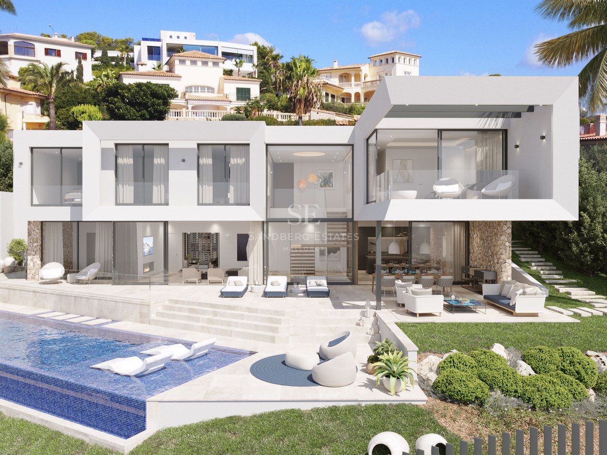 Vue extérieure d'une villa de luxe blanche avec piscine à débordement et terrasse en pierre naturelle.