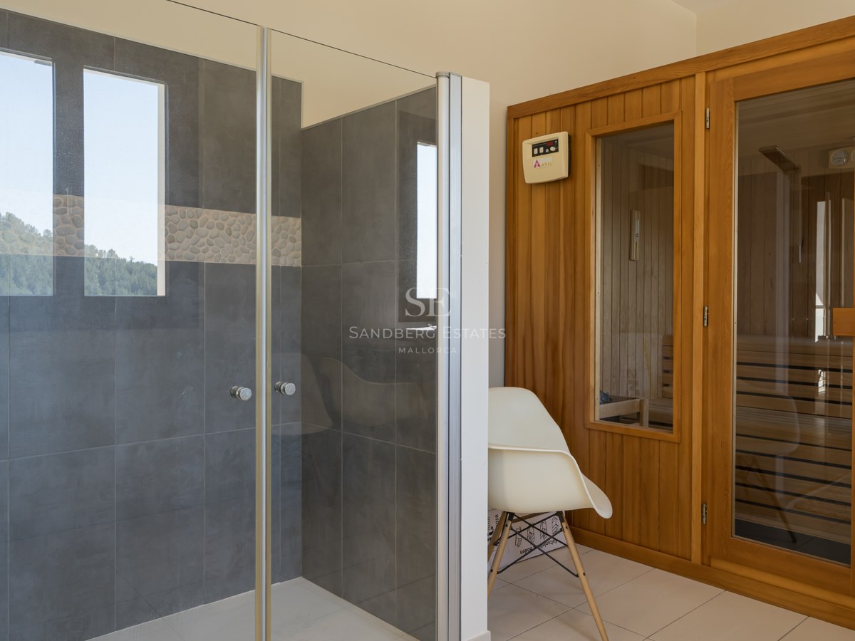 Spa interior con ducha de cristal, azulejos grises y sauna de madera natural de estilo contemporáneo.
