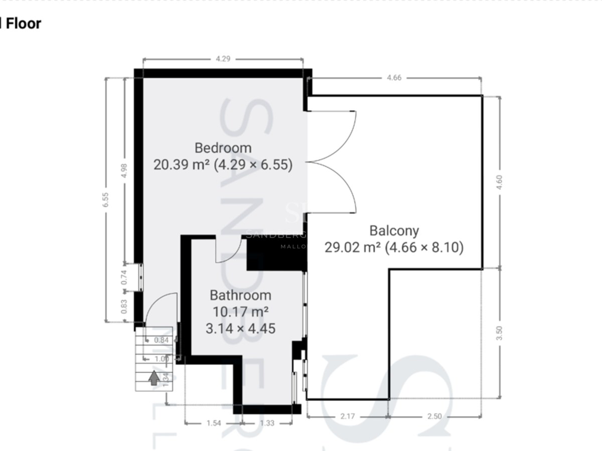 Plan technique montrant une chambre de 20m2, une salle de bain attenante et une terrasse de 29m2.