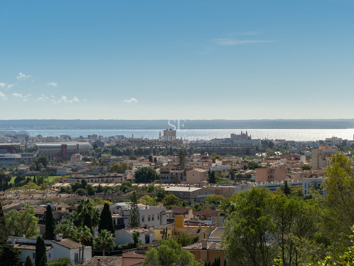 Vista panorámica de Palma con edificios, árboles y el mar Mediterráneo resplandeciente bajo un cielo azul despejado.