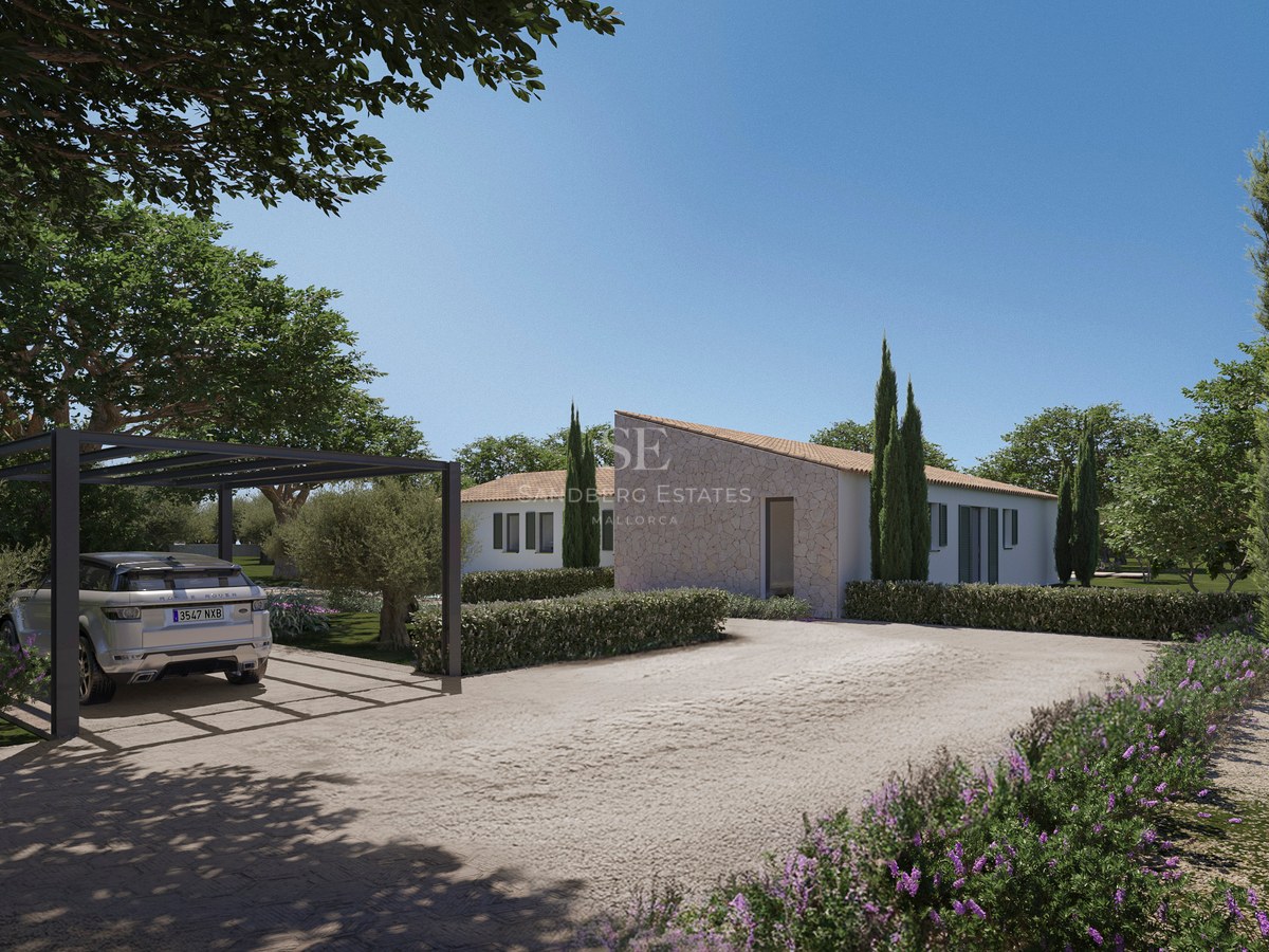 Moderne mediterrane Villa mit Steinakzenten, einer gepflegten Kieseinfahrt und einem Luxus-SUV unter einer schwarzen Pergola.