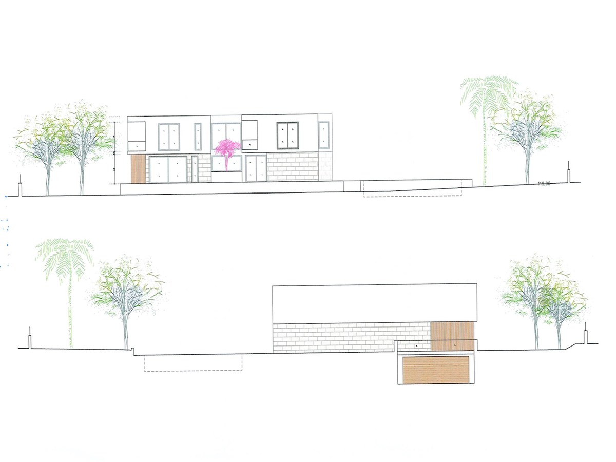 Arkitektoniska skisser som visar fram- och sidoelevationer av ett modernt tvåvåningshus.