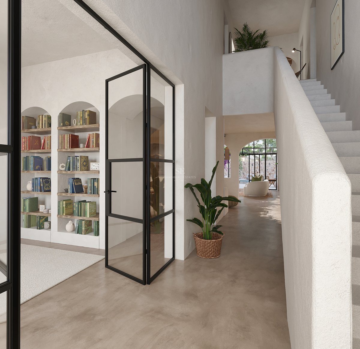 Couloir lumineux avec étagères cintrées intégrées, portes vitrées noires et escalier blanc minimaliste.