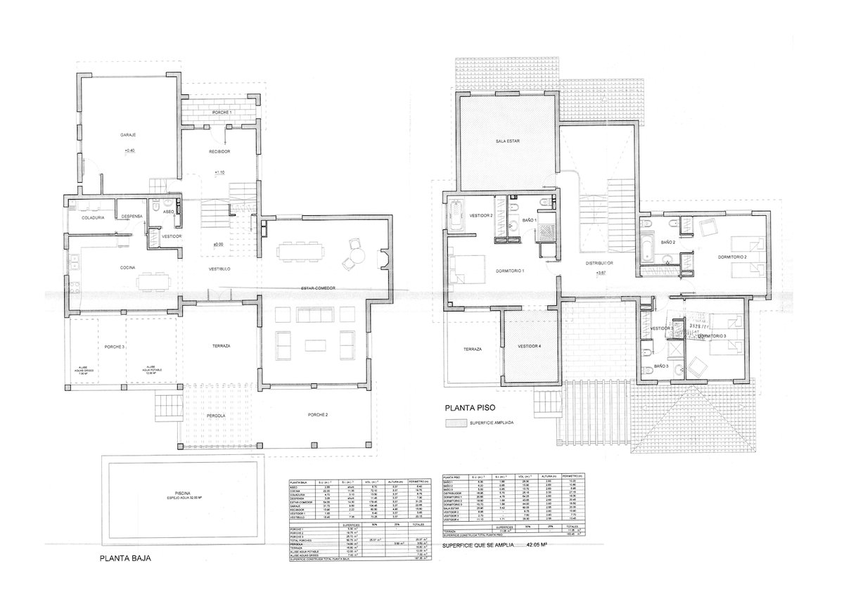 Plans d'étage détaillés en 2D montrant le rez-de-chaussée, le premier étage, la piscine et les terrasses.