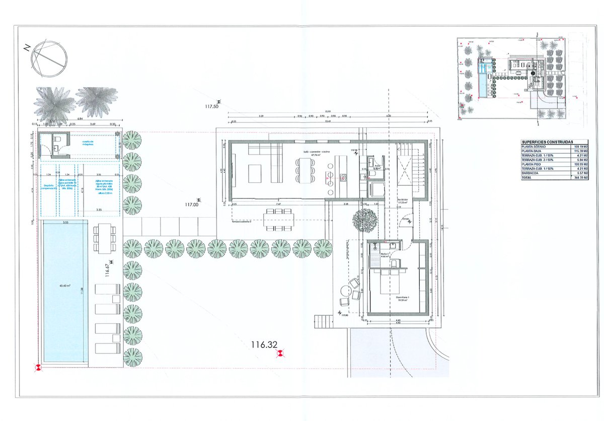 Plan architectural montrant l'aménagement d'une villa avec piscine, jardin et espaces de vie.
